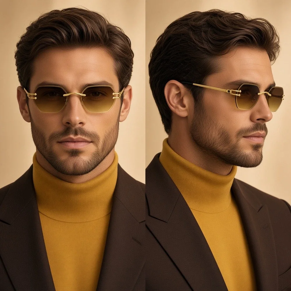 Men Sunglasses Designer Style Summer Gold Frame Tint 90s Y2K Drip Fashion Brown